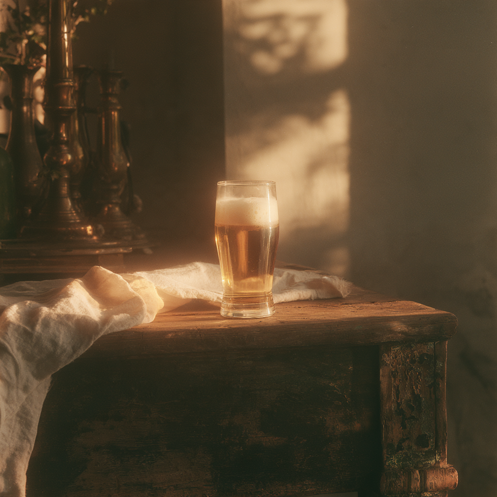 Verre de bière blonde sur une table en bois ancienne, lumière chaude de fin de journée
