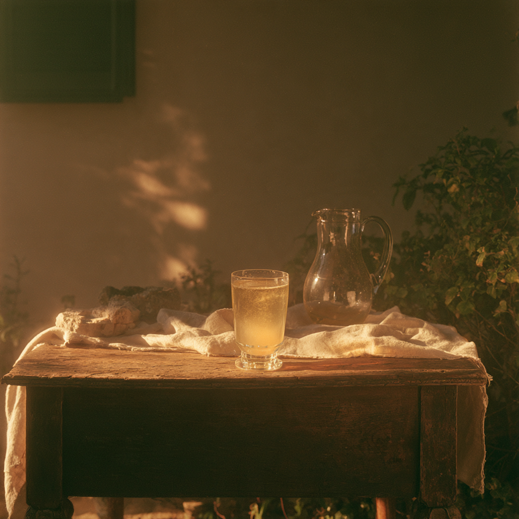 Verre de boisson sans alcool pétillante et carafe sur une table de jardin en bois, au soleil couchant