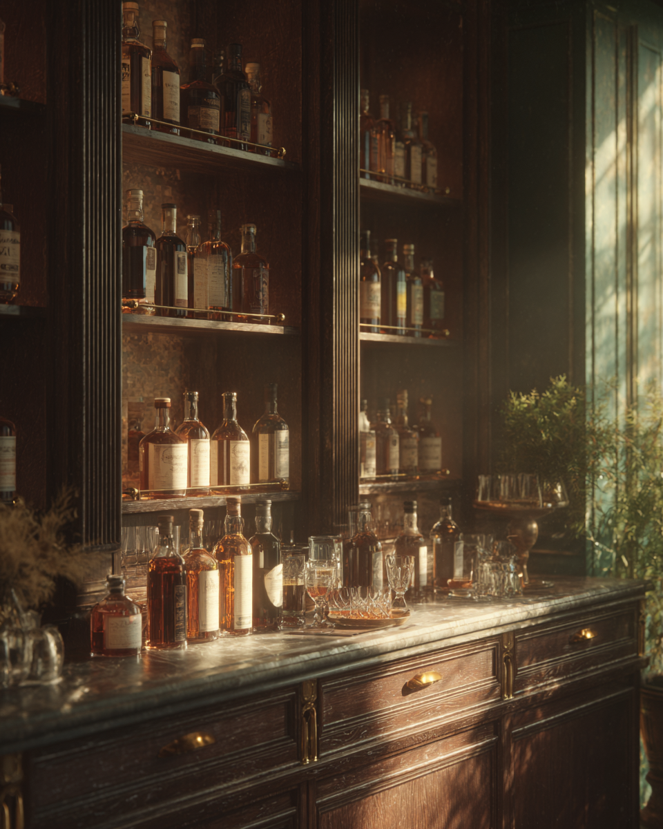 Bar intérieur avec bouteilles de spiritueux, lumière tamisée