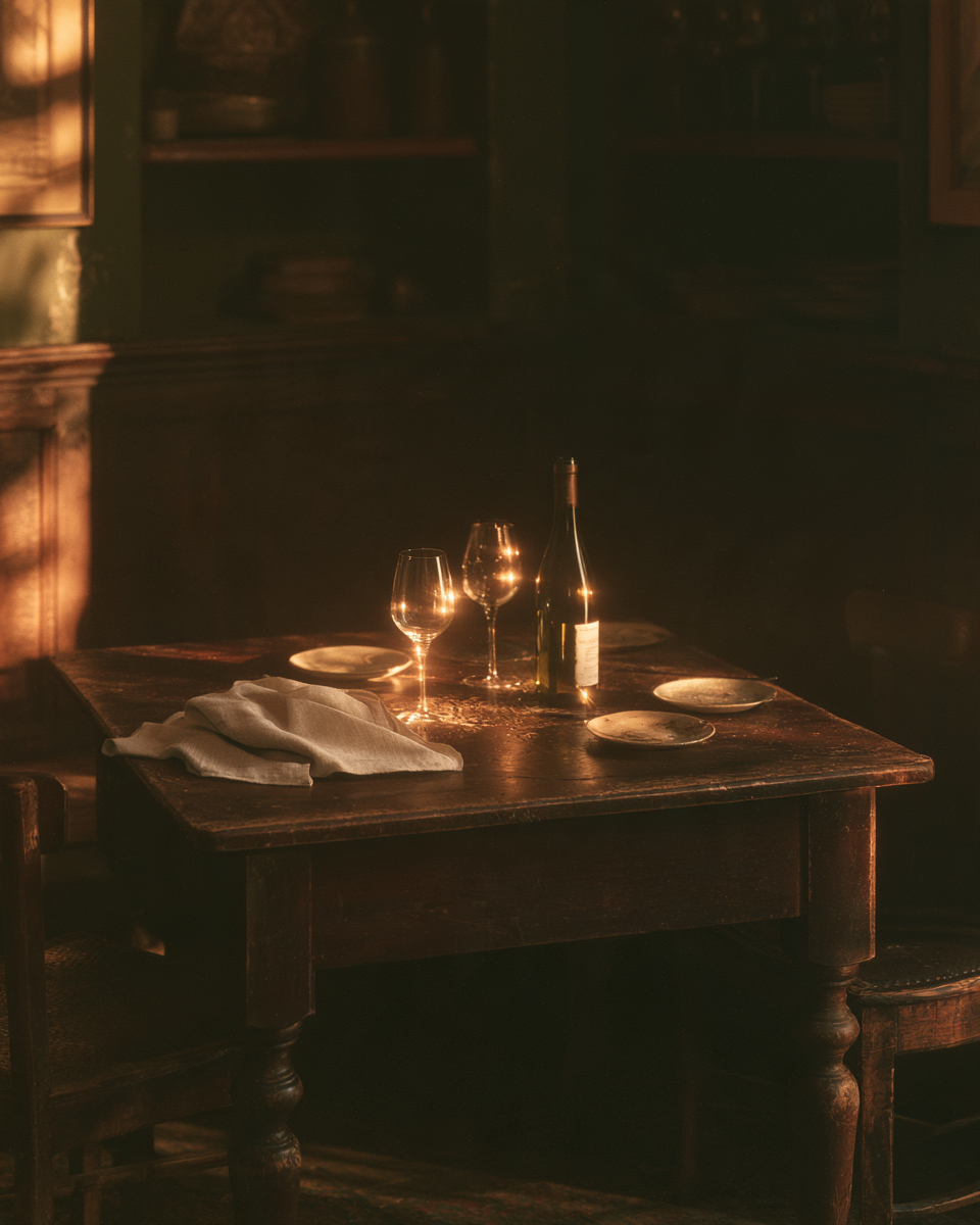 Table gastronomique dressée à la lueur de la lumière, verres de vin et bouteille sur une table en bois ancienne dans une salle chaleureuse