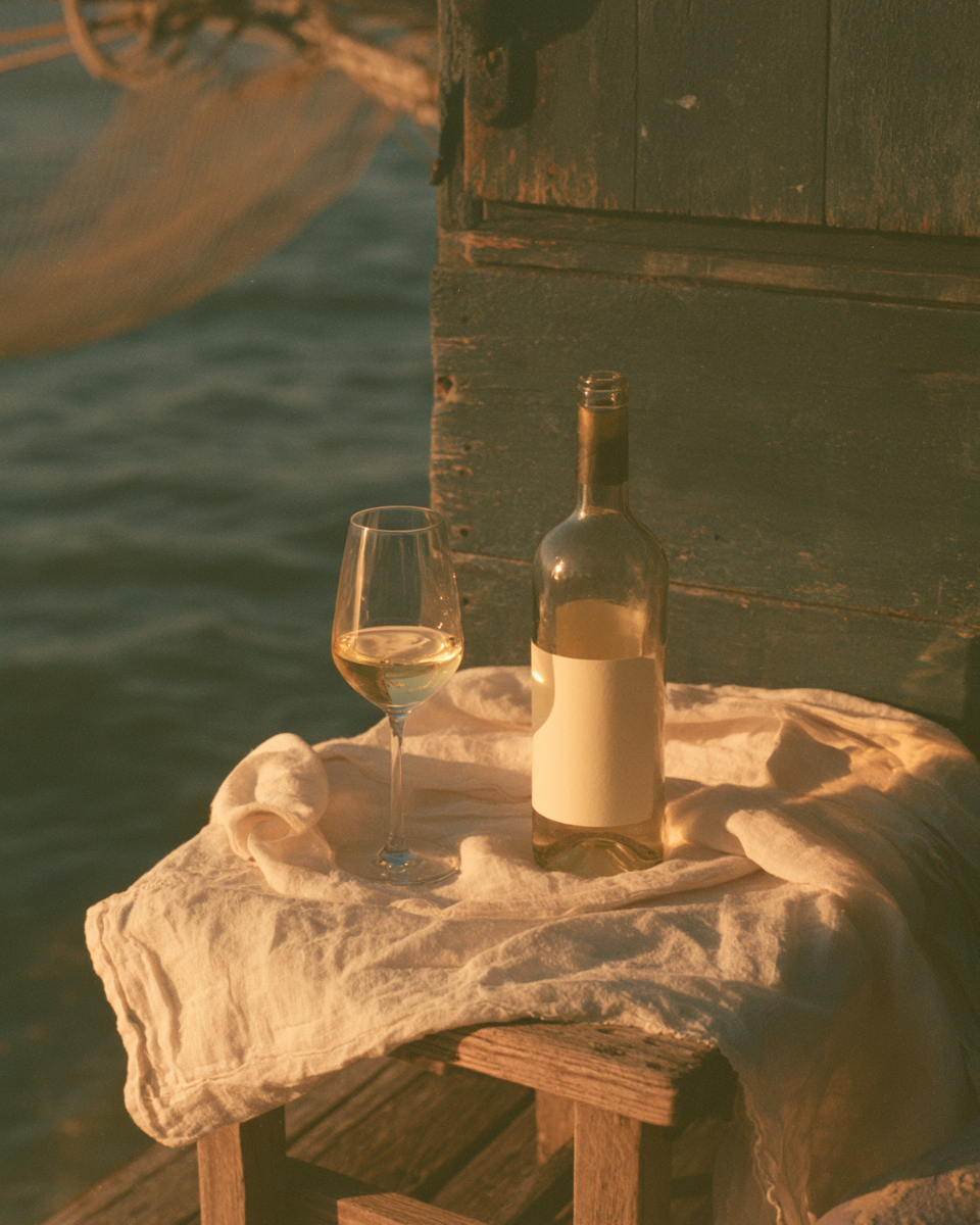 Bouteille de vin blanc et verre sur une nappe en lin, au bord de l'eau au coucher du soleil