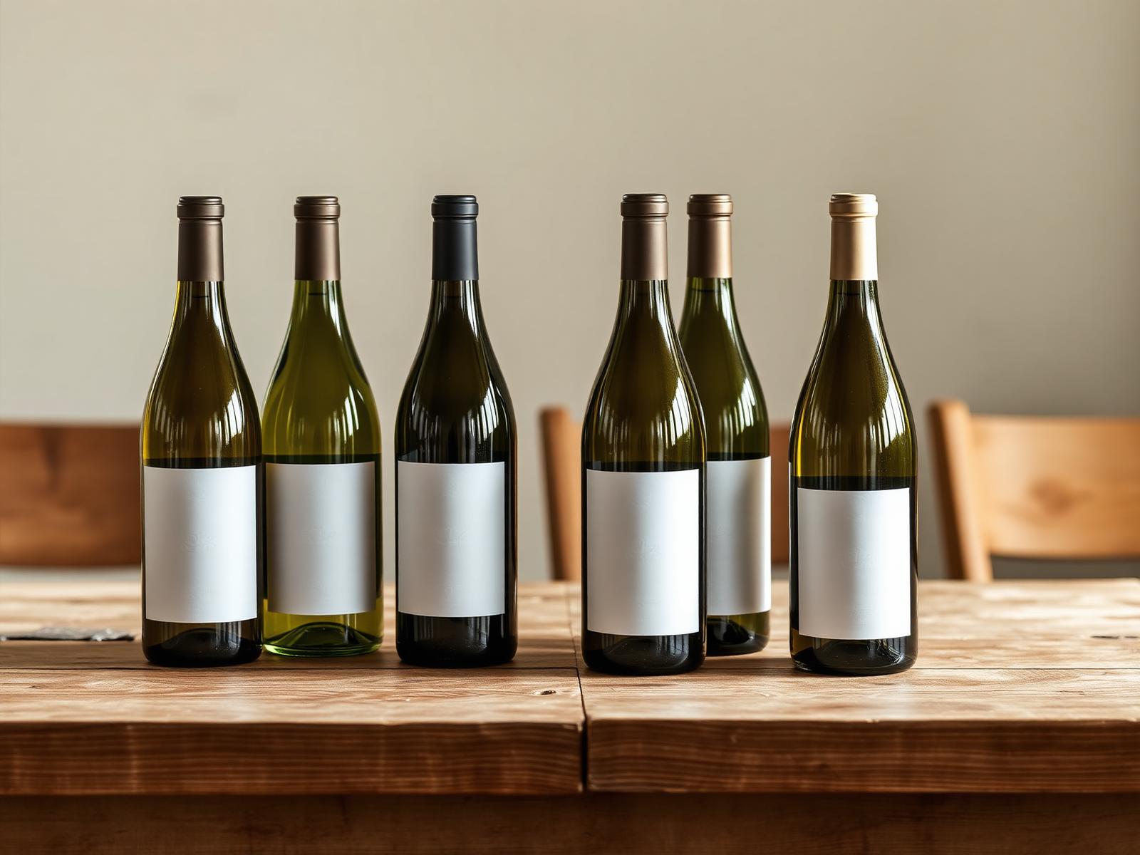 Rangée de bouteilles de vin aux étiquettes vierges sur une table en bois, image d'une marque de domaine indifférenciée