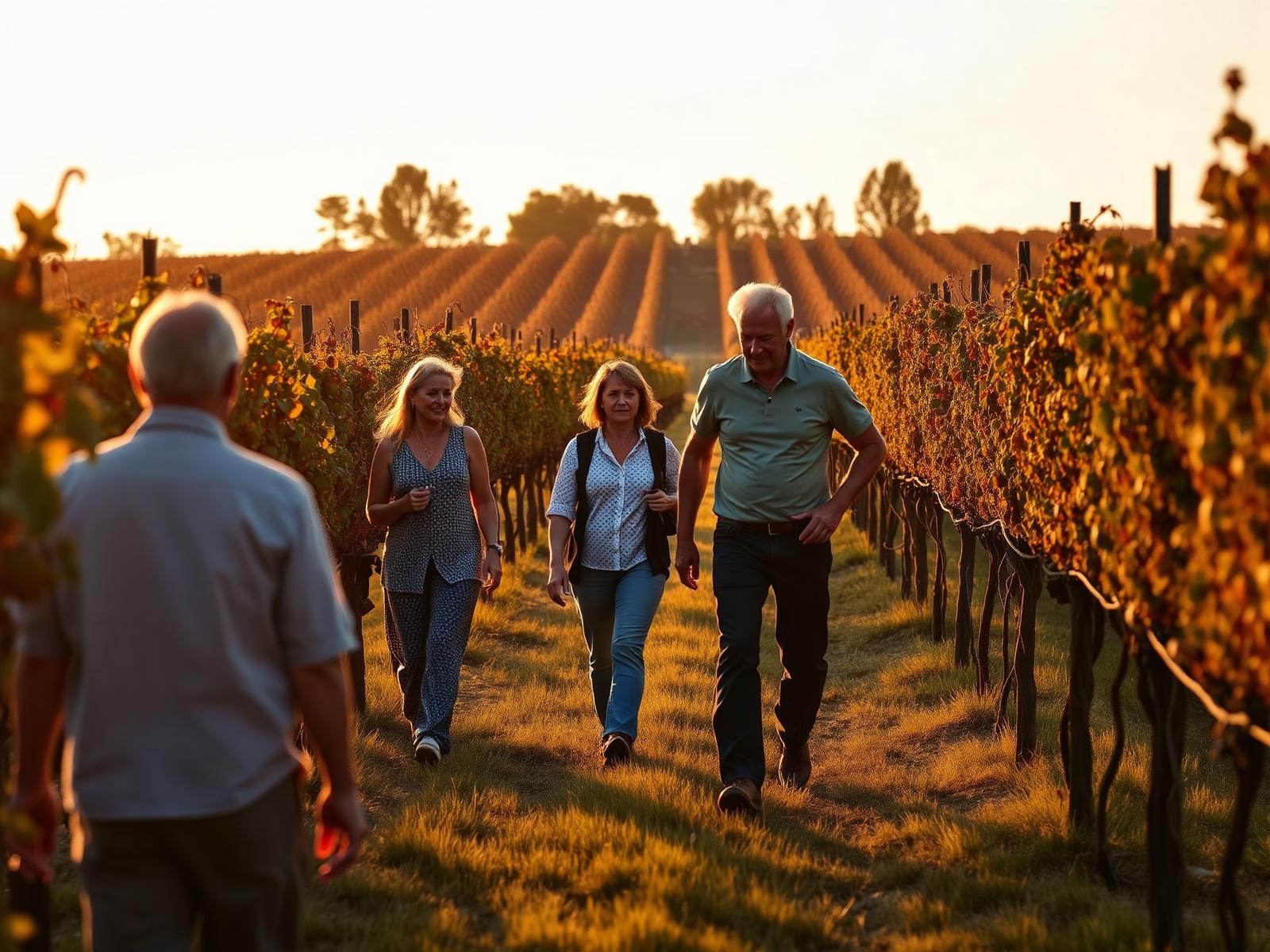 Visiteurs accompagnés par un vigneron entre les rangs de vigne à la lumière du soir, expérience oenotouristique dans un domaine